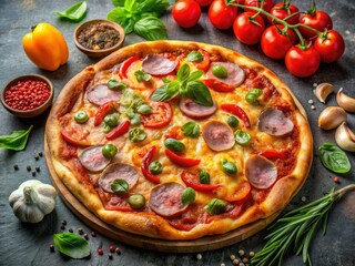 Minimalist Homemade Pizza with Ham, Sausage, Vegetables, and Cheese for Culinary Inspiration