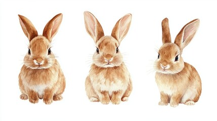Obraz premium Collection of three watercolour paintings of brown cute rabbits isolated on white background, animal clipart bundle.