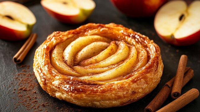 Danish pastry with apple slices and cinnamon, isolated on a black granite surface, surrounded by fresh apple slices and cinnamon sticks