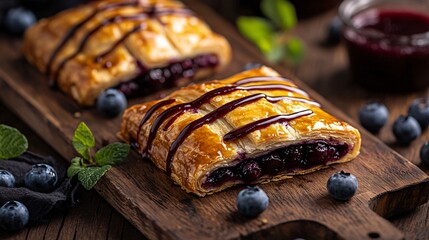 Danish pastry with blueberry compote, isolated on a dark wooden board, surrounded by fresh blueberries and a drizzle of blueberry sauce