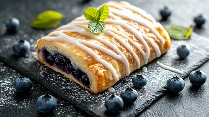Danish pastry with blueberry filling and vanilla glaze, isolated on a dark granite background, garnished with blueberries and a drizzle of icing