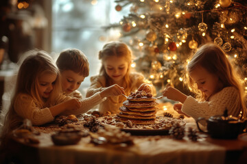 A cozy family gathering around a festive table filled with pancakes and joy