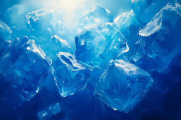 Obraz premium Translucent ice cubes floating in vibrant blue water under soft, radiant light. Generative AI