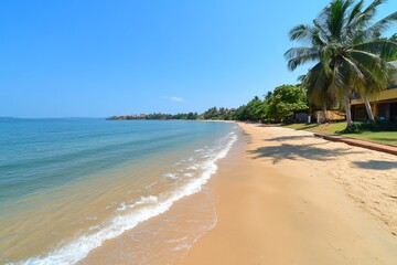 Fototapeta premium The golden sands of Bentota Beach, with coconut palms swaying in the breeze and clear turquoise waters stretching out to the horizon