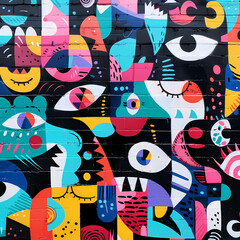 A vibrant urban mural featuring an eclectic mix of colorful abstract shapes and expressive eyes, showcasing creativity and artistic flair.
