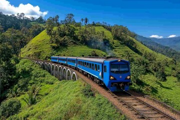 Fototapeta premium The iconic Nine Arches Bridge, surrounded by lush greenery as a train crosses over the valley near Ella
