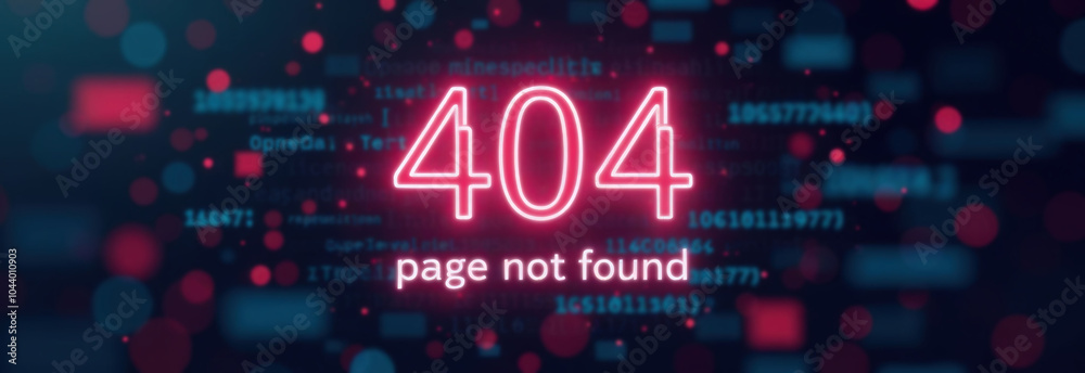 Poster sign with glowing neon text in center “404” and text 