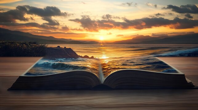 Creative concept image of sunrise landscape on Jurassic Coast in pages of book --ar 16:9 --v 6.1 Job ID: 4e1e839b-b029-4a67-855b-0f7f9b9b9828
