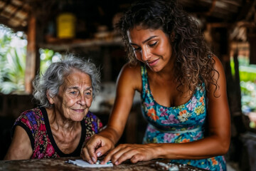 Fototapeta premium A Latina caregiver helps an elderly woman with her medication pills.