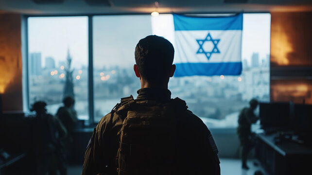Proud Mossad agent standing with determination in front of Israeli skyline