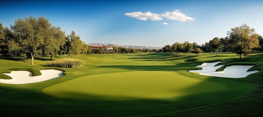Idyllic Golf Course with Lush Green Fairways, Sand Traps, Trees, Blue Sky, and Clouds, Scenic View