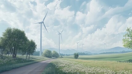 Detailed wind turbines generating green energy in a rural landscape ultrahigh detail
