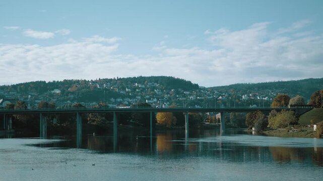 Nidelva river and Trondheim city panoramic view. Trondheim is the third most populous municipality in Norway.