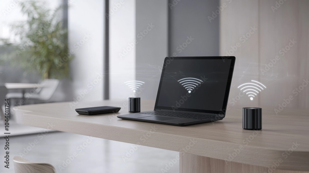 Poster modern workspace with technology and connectivity symbols