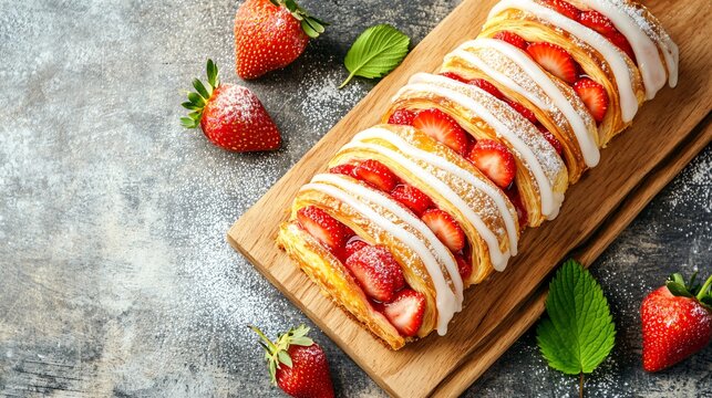 Danish pastry with strawberry filling and icing, isolated on a light wooden board, garnished with fresh strawberries and powdered sugar