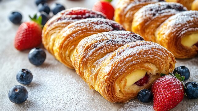 Danish pastry with vanilla custard and fresh berries, isolated on a light wooden surface, decorated with strawberries, blueberries, and a sprinkle of powdered sugar