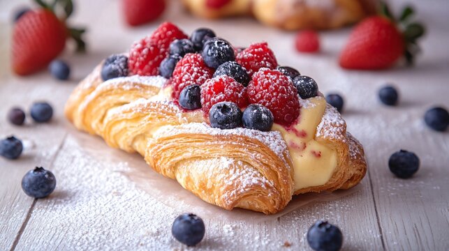 Danish pastry with vanilla custard and fresh berries, isolated on a light wooden surface, decorated with strawberries, blueberries, and a sprinkle of powdered sugar - Powered by Adobe
