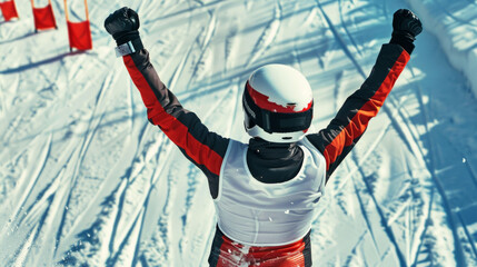 Cheerful skier with raised arms celebrating victory on a snowy mountain slope. Concept of winter sports, alpine adventure, ski resort, and outdoor activities