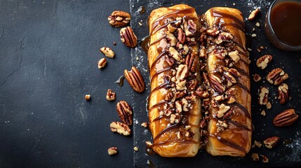 Pecan and caramel Danish pastry, placed on a dark slate background, garnished with crushed pecans and caramel drizzle
