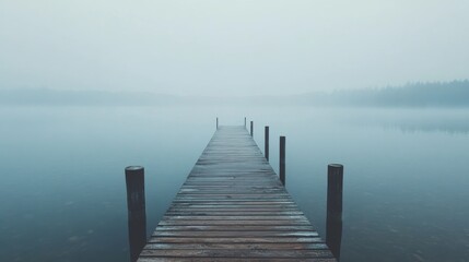 Naklejka premium Thick mist blankets the tranquil lake at dawn creating an ethereal atmosphere