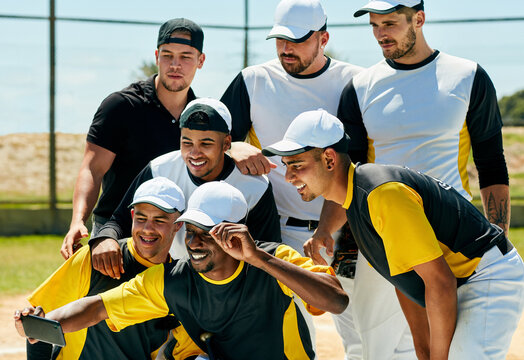 Baseball, team and selfie of men outdoor for memory, collaboration and smile together for fitness. Group, softball and pictures at field for sport break, training and players with competition photo - Powered by Adobe