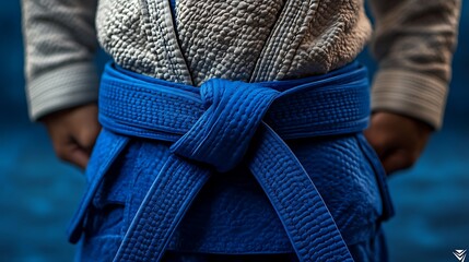 Closeup of a blue belt tied around a martial arts uniform.