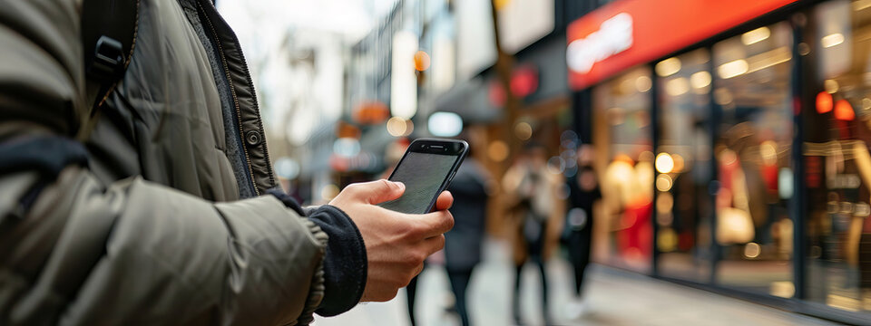 Man holding smartphone with blank screen while standing in bustling urban shopping district. Concept of modern technology, city life, digital communication. Advertising, Mockup, Copy space