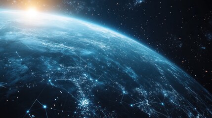 Fototapeta premium A digital visualization of Earth from space, showcasing interconnected networks and stars.