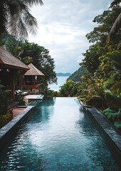 A luxury hotel swimming pool in Thailand surrounded by lush green tropical plants