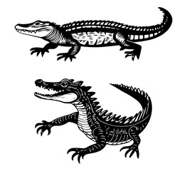 Fototapeta premium A black and white vector illustration of two crocodiles with detailed line work, showcasing their rugged textures and sharp teeth.