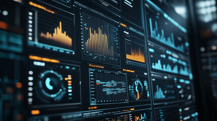 Fototapeta premium Futuristic Digital Interface Modern Data Screen with Global Indicators, Data Streams, and Complex Forecasting Models