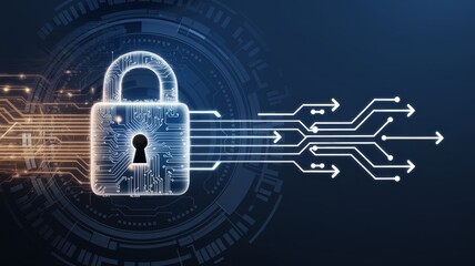Abstract futuristic illustration of a digital padlock with circuit board patterns, glowing lines, and data flow, symbolizing cybersecurity, encryption, and protection of information.