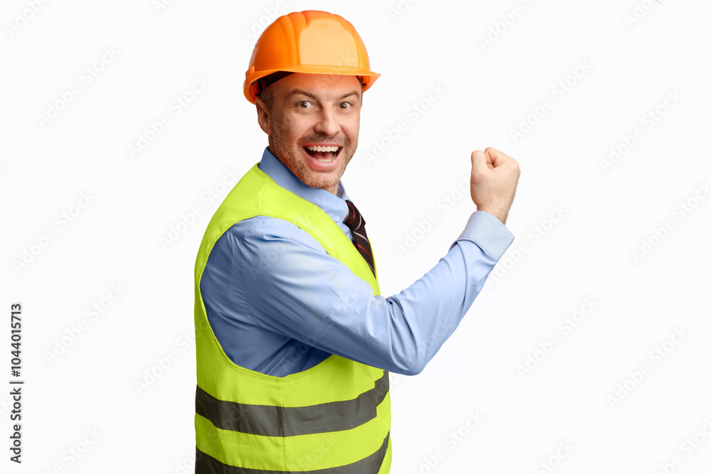Poster Building success. Excited builder workman gesturing yes in joy smiling to camera posing over white background. Studio shot