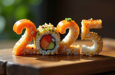 The wooden table shows the numbers 2025 made of sushi and rolls. A banner for celebrating the New Year. Food delivery. A Japanese restaurant.