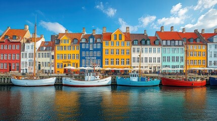 Colorful houses line a canal with boats docked in front of them in a European city.