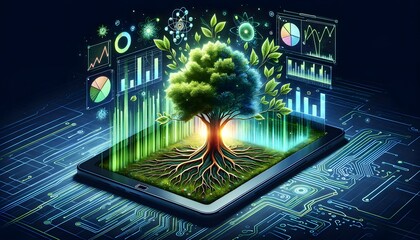 Business Growth and Sustainability Combined Digital Tree Growing from Tablet and Holographic Financial Graphs with Green Leaves Symbolizing Eco-Friendly Development