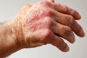 Fototapeta premium Close-up view of atopic dermatitis on the hand of an elderly person showing inflammation and skin changes in a clinical setting during daylight