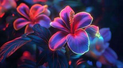 Fototapeta premium Striking neon tropical blossoms lighting up the dreamlike landscape image
