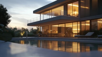 Obraz premium Modern smart home exterior with advanced technology features at dusk by a tranquil poolside setting