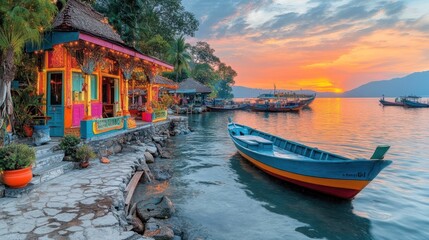Obraz premium Colorful waterfront huts and boats at sunset.