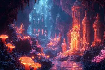 Obraz premium Mystical cave with luminous mushrooms and majestic structures in enchanting glow