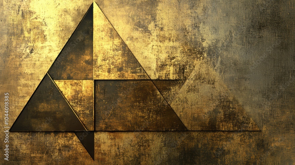 Poster intricate arrangements of asymmetrical triangles are set against a textured golden backdrop, showcas
