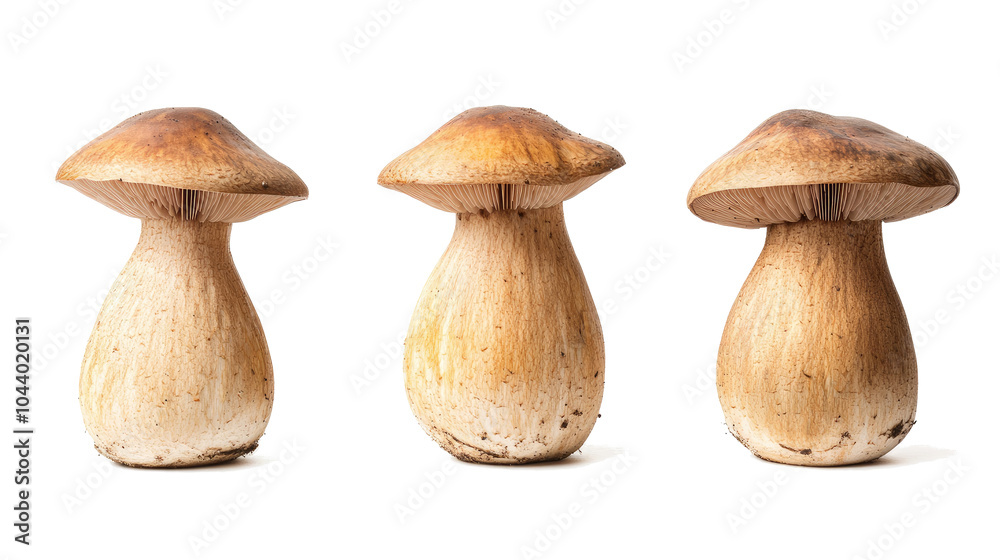 Poster front views of three mushrooms showcasing unique shapes and textures generative ai