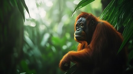 Obraz premium Sumatran orangutans adapting to life in dense tropical rainforest ecosystems