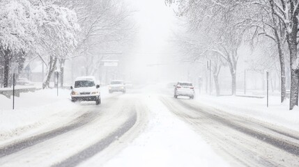 Heavy snow blankets the roads as cars maneuver carefully through the winter storm