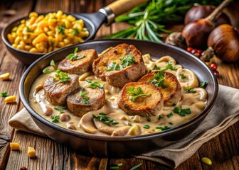 Modern Barbecue Pork Medallions in Cream Sauce with Chanterelle Mushrooms and Spaetzle