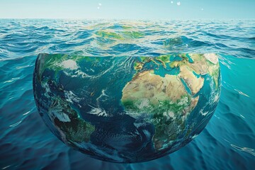 Fototapeta premium A graphic illustration of the Earth with rising sea levels, the continents are submerged in water, the oceans are blue and the land is green.