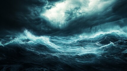Fototapeta premium Dark clouds loom over the restless sea creating a tense atmosphere before the storm