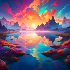 Obraz premium Traumhafter See mit Bergen im Hintergrund - Surreale Farben