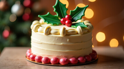 Delicious Christmas cake featuring holly decorations and intricate frosting details. A festive treat for holiday parties.
